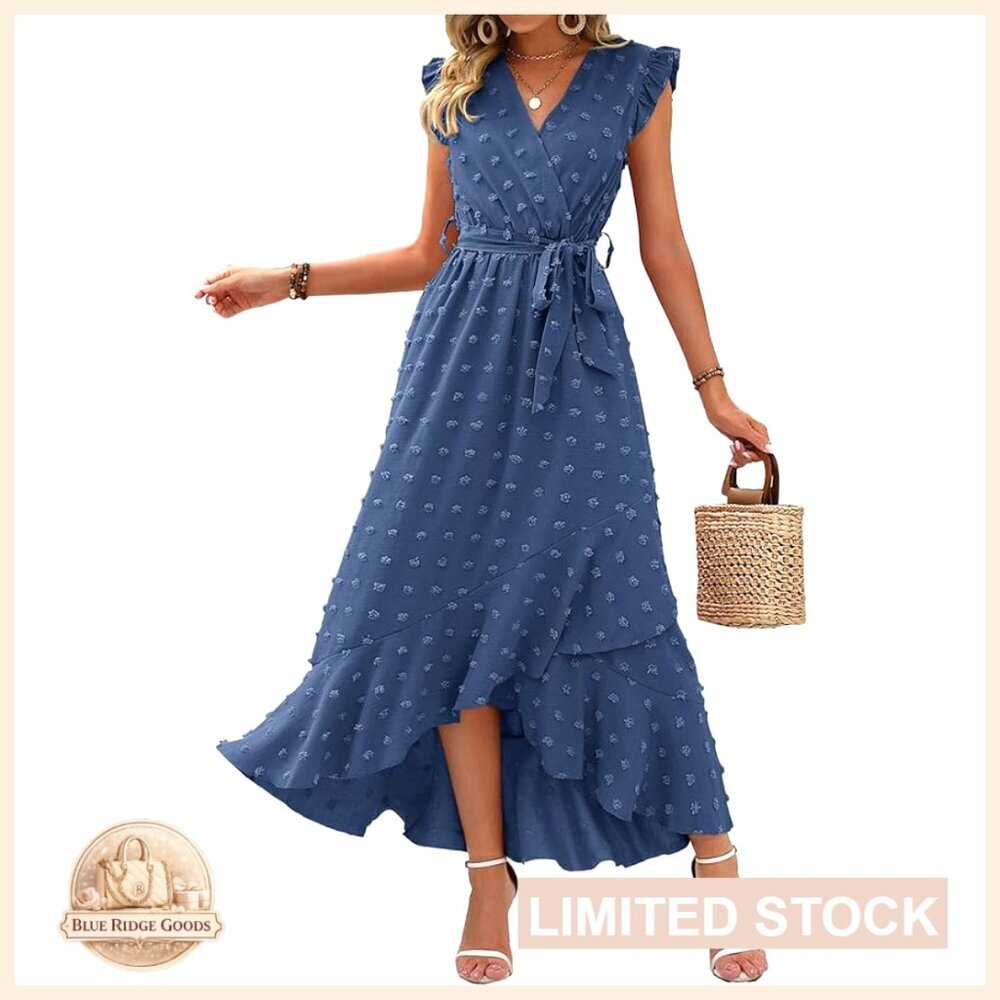 Boho Swiss Dot Maxi Dress Elegant Cap Sleeve Flowy Ruffle Beach Wedding Cocktail